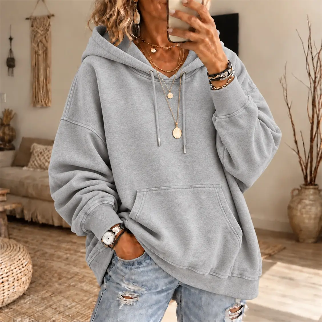 Women's Relaxed Oversized Cotton Blend Pullover Hoodie - Long Sleeve Drawstring Sweatshirt with Kangaroo Pocket, Machine Washable Casual Top for Fall Winter Daily Wear, Travel