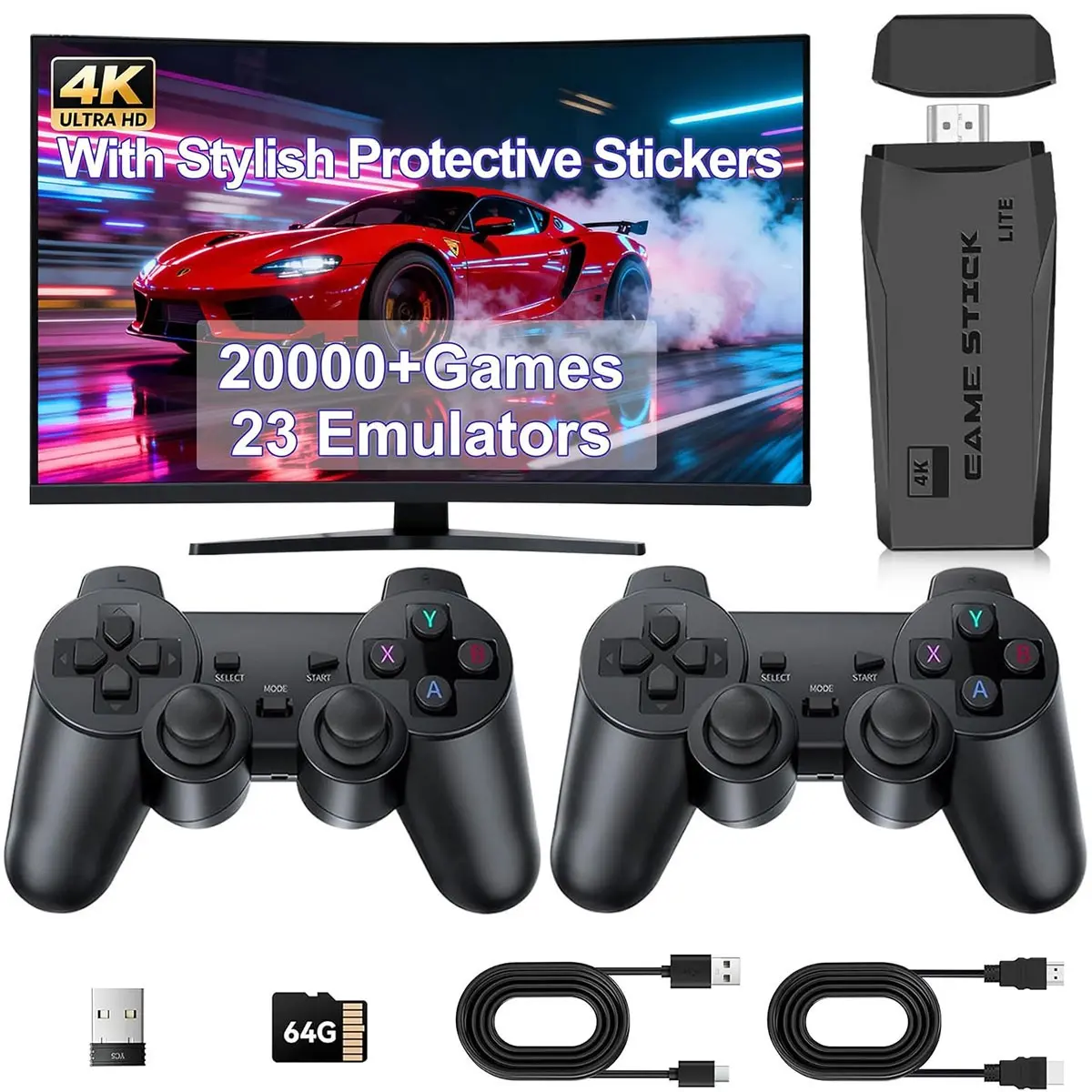 Retro Game Console & Stick Pro, 20,000+ Classic Games, 23 Emulators, Dual Wireless Controllers, 4K HDMI, Plug & Play, 64GB Storage
