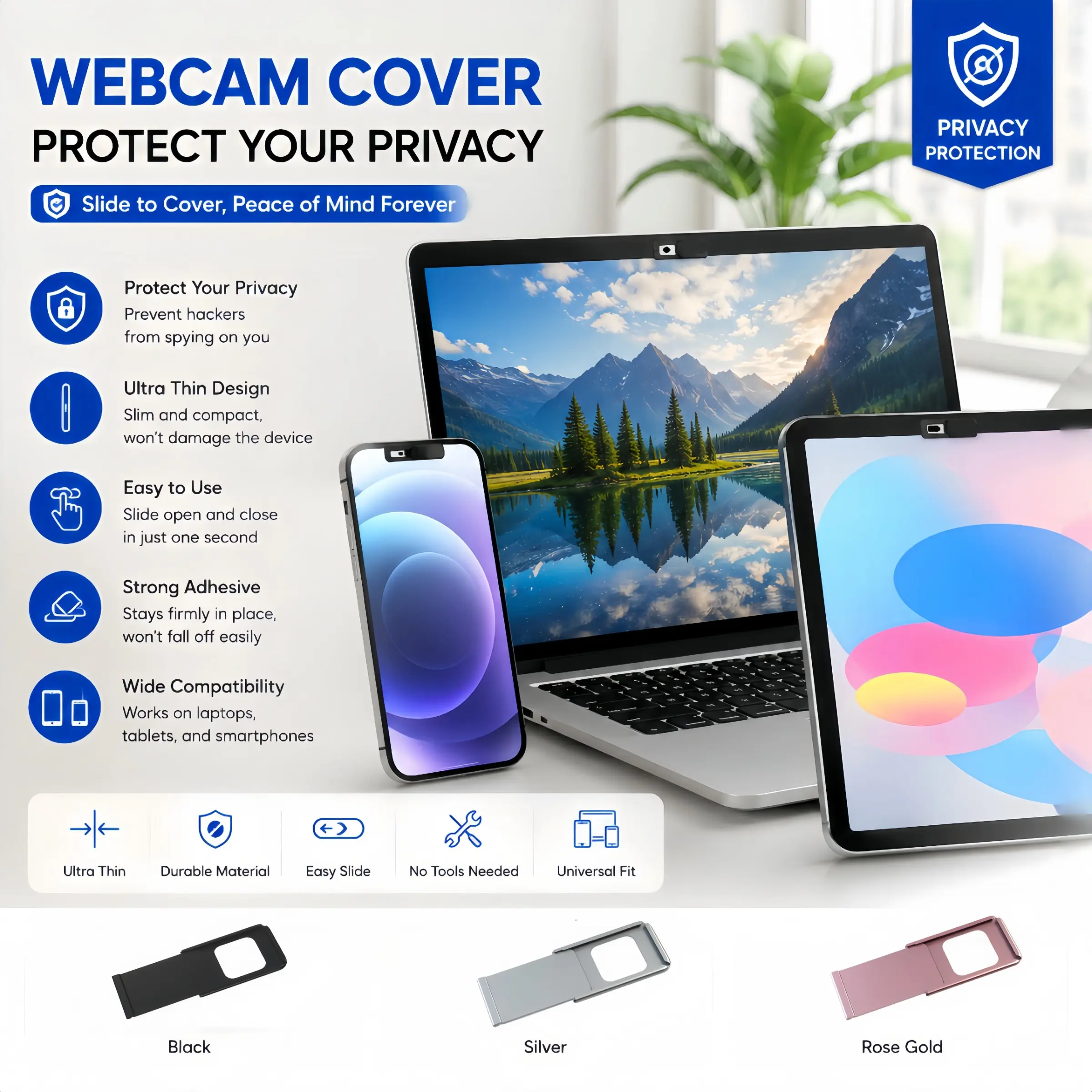 Universal Privacy Cover for Multiple Devices, Anti-Spy Camera Slider for Laptops Tablets Phones, Lightweight Screen Not Blocking