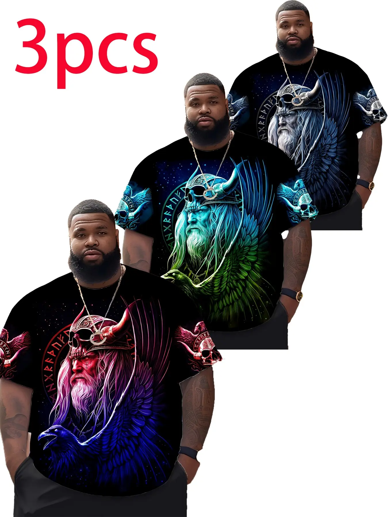 3-Piece Norse Mythology Odin God 3D Full-Print Short Sleeve Set, Plus Size Men's Retro Streetwear Breathable Casual Round Neck T-Shirts
