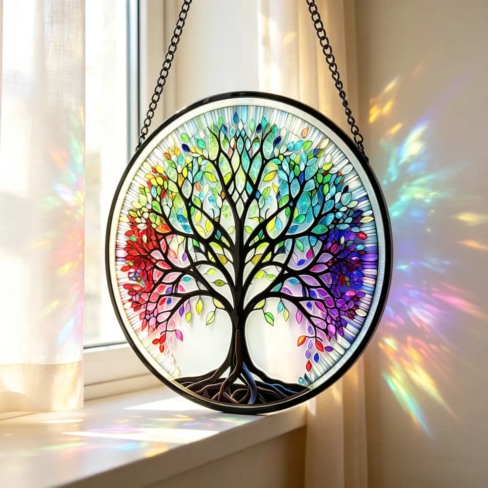SITAKEYFMHK Tree of Life Stained Glass Window Hanging, Colorful Life Tree Suncatcher Ornament with Hanging Chain, Round Acrylic Sun Catcher Decor for Window, Home Wall, Indoor Decor