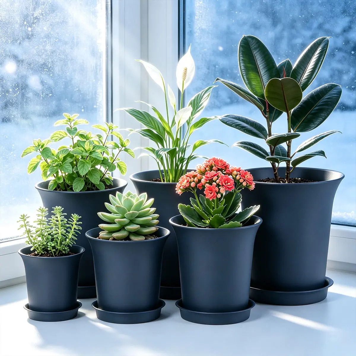 4pcs Resin Flower Pots, Plastic Multi-Size Commercial Planters, Modern Indoor/outdoor Garden Decor, Drainage Holes & Trays Included