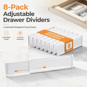 8-Pack Adjustable Drawer Dividers, Expandable Organizer Inserts from 28-51cm Custom Storage for Underwear, Socks, Kitchen Utensils, Office Supplies For Dresser, Bathroom Vanity & More