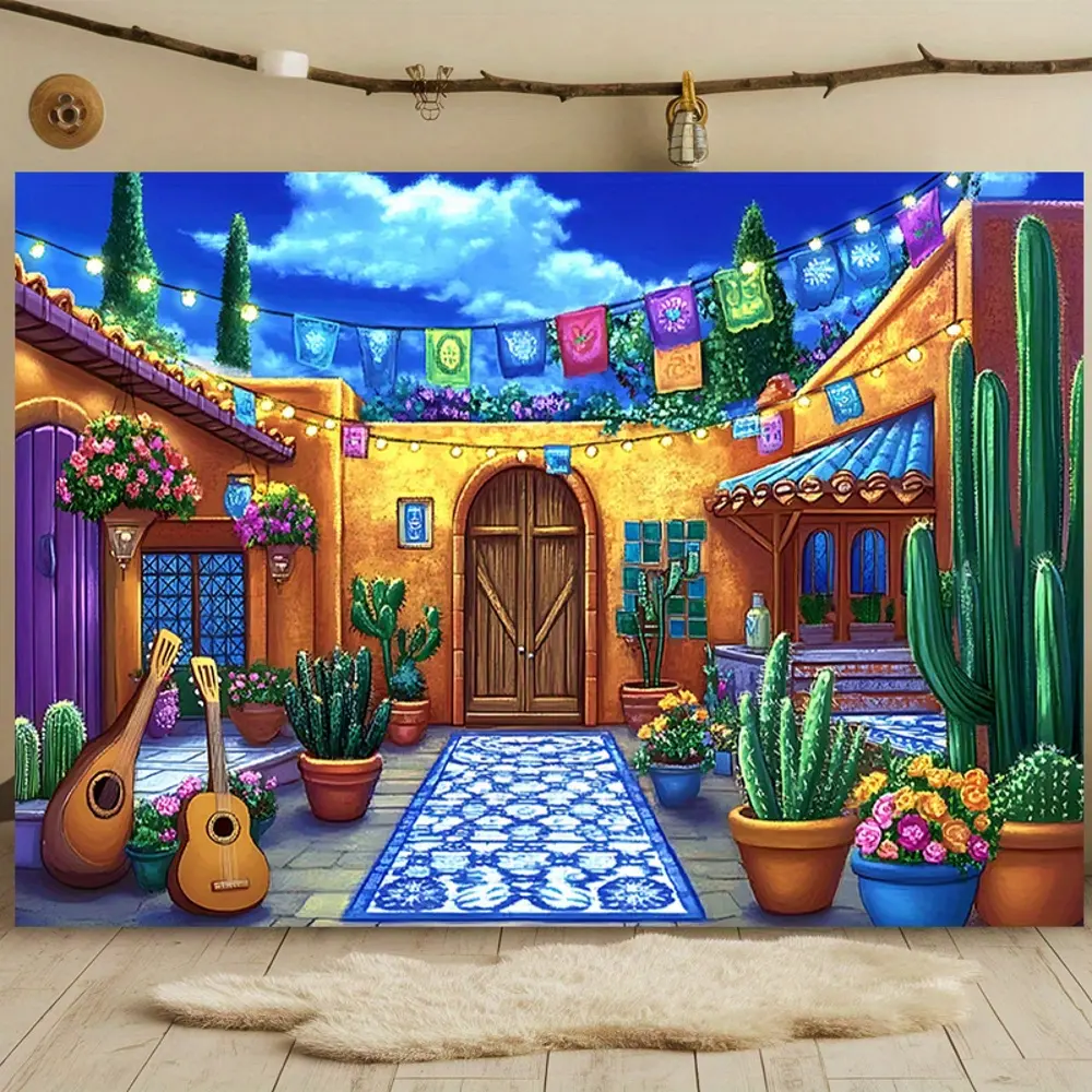 2D Flat Banner HD digitally printed polyester photography backdrop, Mexican style sunny courtyard cactus fiesta pattern background cloth, soft lightweight foldable, suitable for product photos, portrait shooting, party decor, vide