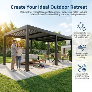 YJ-Garvee Louvered Pergola - 12' x 20' All-Aluminum Outdoor Pergolas with Adjustable Louvered Roof, Integrated Drainage System, Outdoor Gazebo for Deck, Patio, Backyard and Garden, Gray