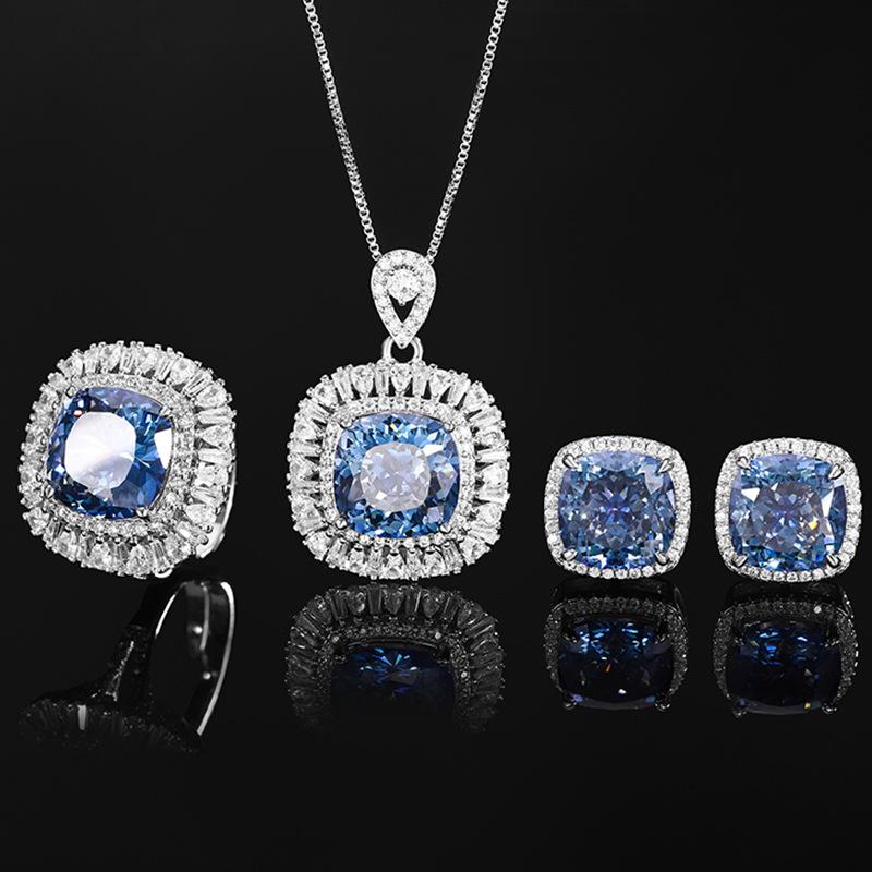 Vintage Simulated Gemstone Blue Oval Cut Jewelry Set for Women Ring Earrings  Necklace     Single Row Halo CZ    Luxury Fashion Accessories Gifts for Women