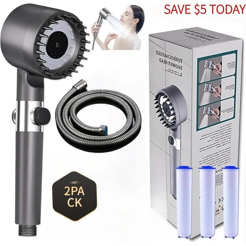2-Pack Filtered Handheld Shower Heads, Pressure-Boosting Shower Heads with Chlorine & Hard Water Filtration, 3-Speed Settings, Silicone Brushes, Plastic Bean Filter Bead Softener, No-Drill Bracket, Detachable Design for Hair Washing, Pet Bathing, Filtered