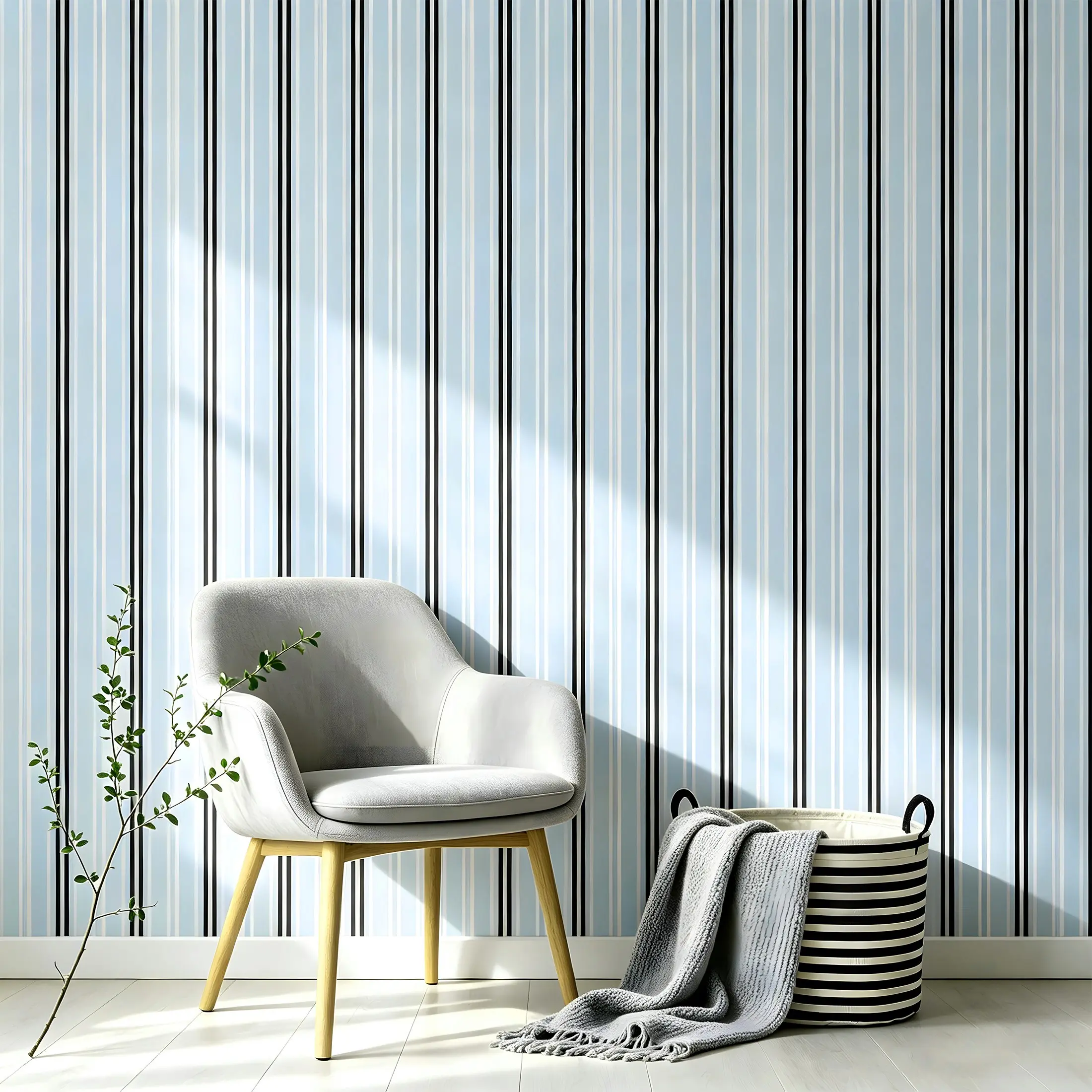 Modern Simple Waterproof Self-Adhesive Wallpaper, Light Blue Vertical Stripes, Easy to Cut, Removable, Bedroom Living Room Decor