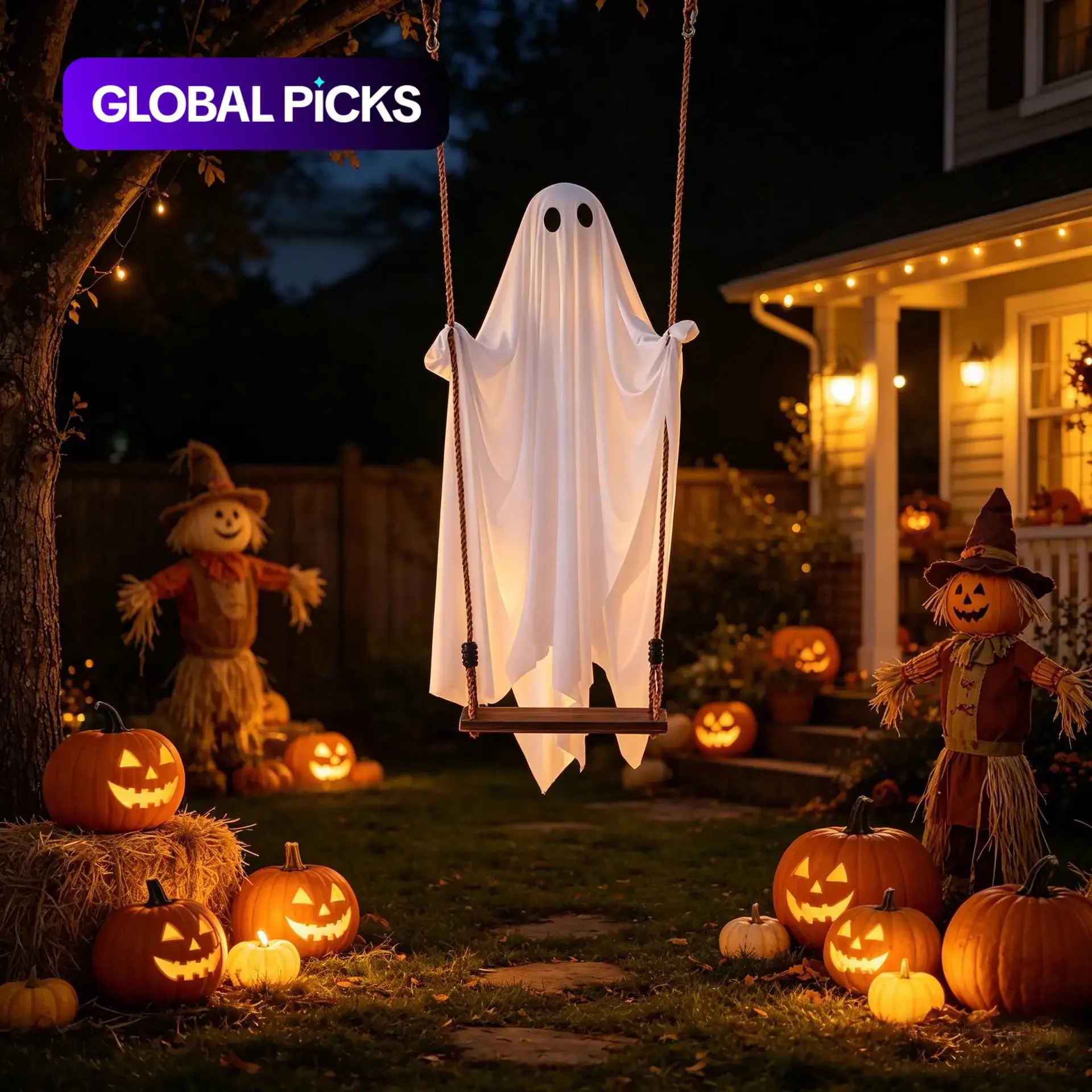 Halloween Outdoor Decoration, Party Decorations, Cute Ghost Decor, Hanging Ghost Swing with Remote Control Light String, Warm Light, Suitable for Porch, Courtyard, Garden and Lawn #GLOBAL PICKS