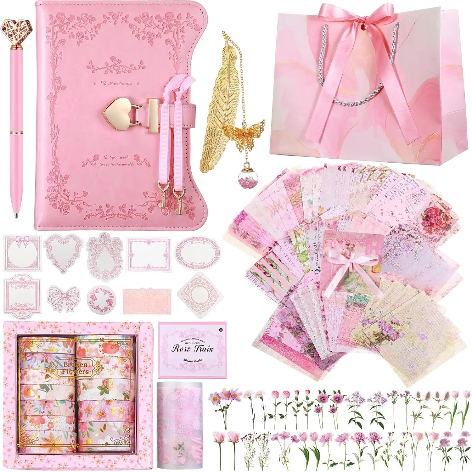 Janlaugh Pink Classic Lockable DIY Journal Diary Scrapbook Kit - Crafting Supplies, Stationery Birthday Gift for Teen Girls