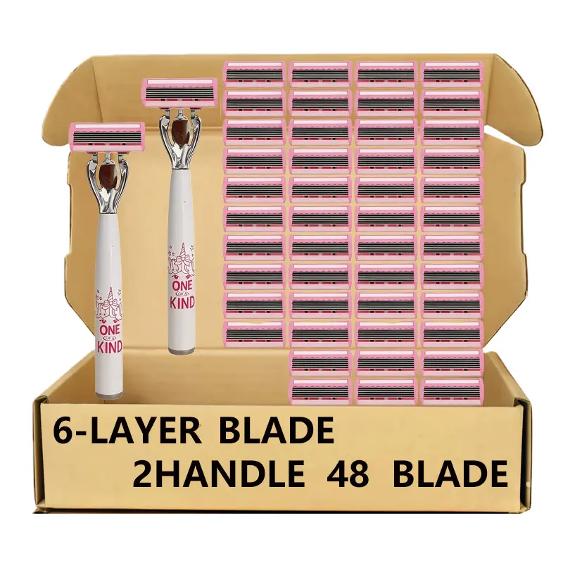 Men's 6-blade stainless safety razors set—includes 2 handles and 48 replaceable blades; gentle on sensitive skin and delivers a smooth, effortless shave for thick beards when used with shaving cream. A perfect gift for your boyfriend.
