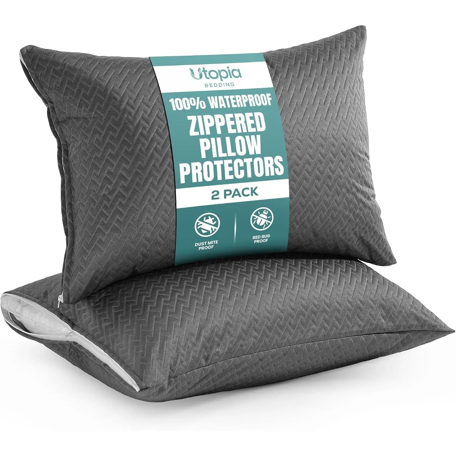 Fabric  Pillow Protectors with Zipper Standard Size (2 Pack), Soft and Comfortable Pillow Covers, Bed  and Dust Mite Proof, 20 x 26 Inches (Gray)