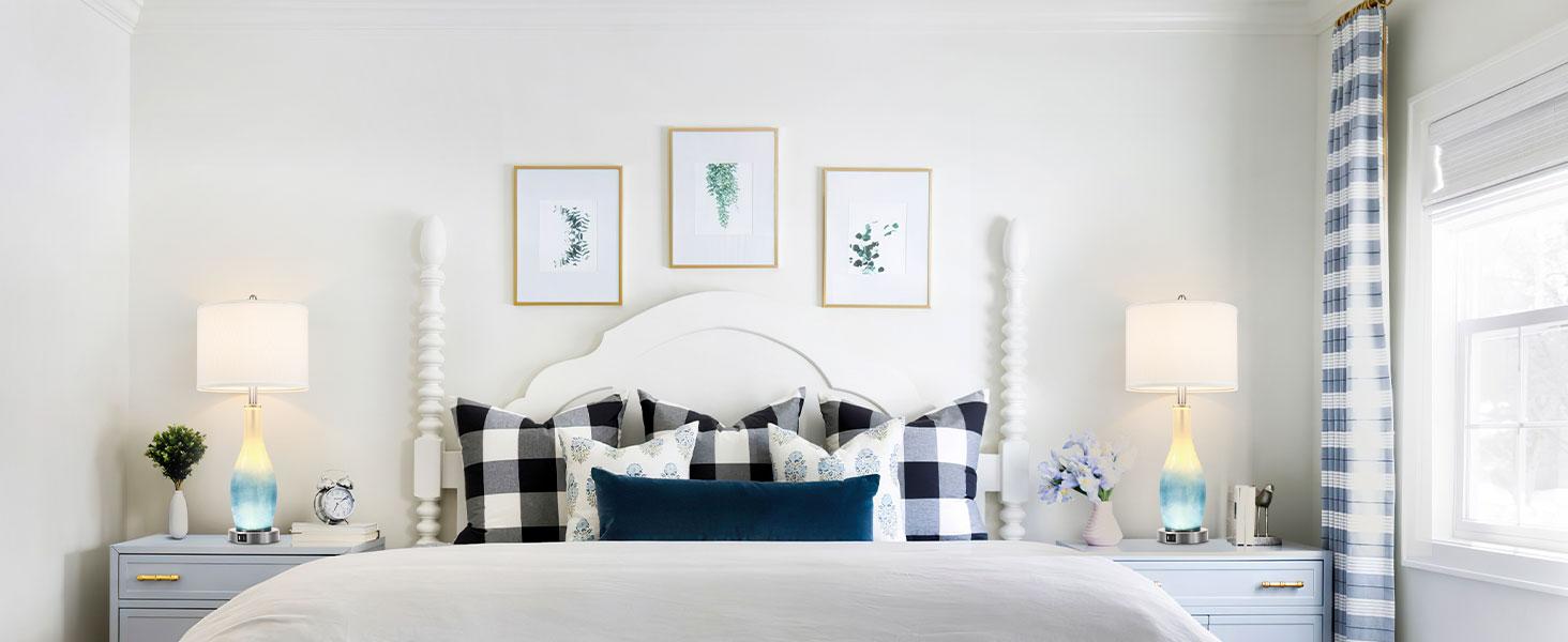 26in Tall Glass Table Lamps Set of 2 with 2 USB Charging Ports & LED Nightlight, Large Coastal Table Lamps for Living Room End Table, Modern Beach Lamps for Bedroom Bedside Nightstand