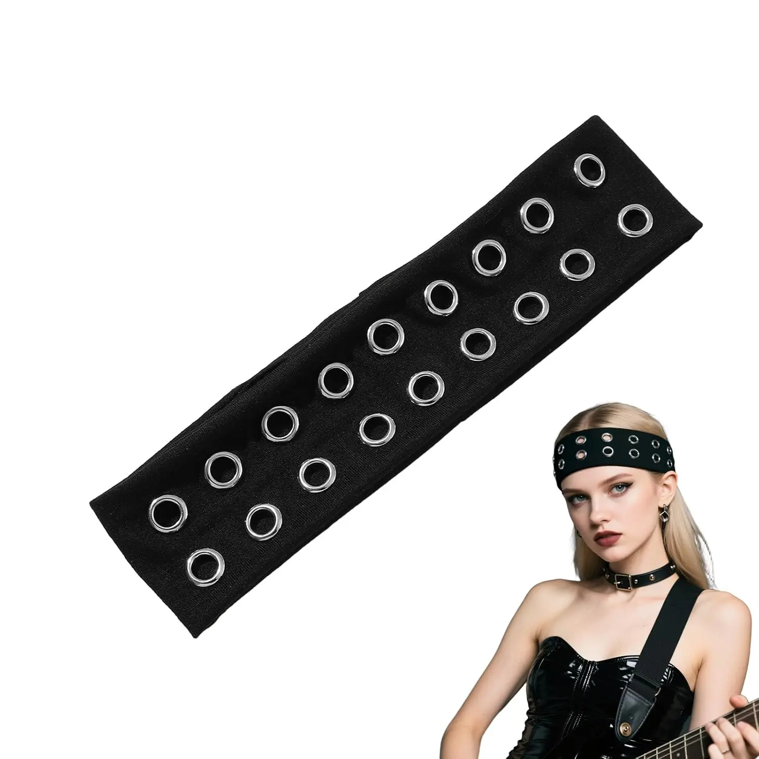 Punk Rivet Grommet Wide Elastic Headband Y2K Grunge for Women | Y2K Grunge Wide Stretchy Hairband with Hollow Out Eyelets & Punk Rivet Details.Edgy Casual  Accessory for Women