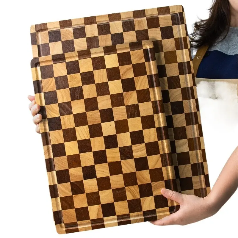 Solid Wood Checkerboard Cutting Board, Thick Rubberwood Bread Board, Durable Cutting Board, Chopping Boards, Kitchen Utensil for Meat, Cheese, Vegetables, Fruits, Mother's Day Gift
