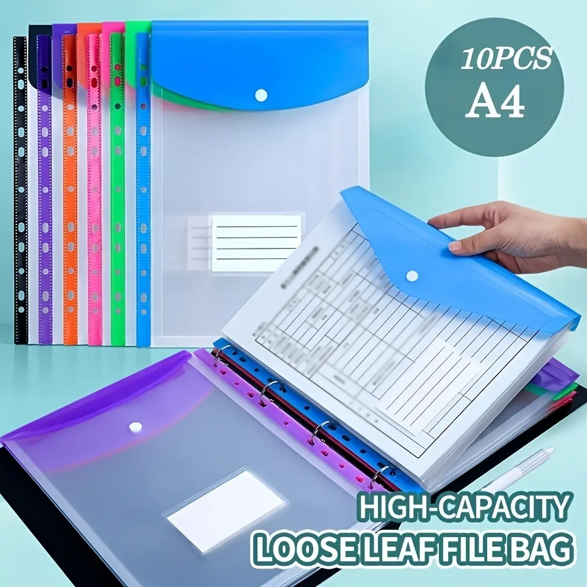 10-Pack A4 Large Capacity Binder Bags, File Organizer, 11-Hole Compatible, Durable PP Plastic, Expandable Snap Closure, Label Pocket, Ideal for School, Home, Office, Travel