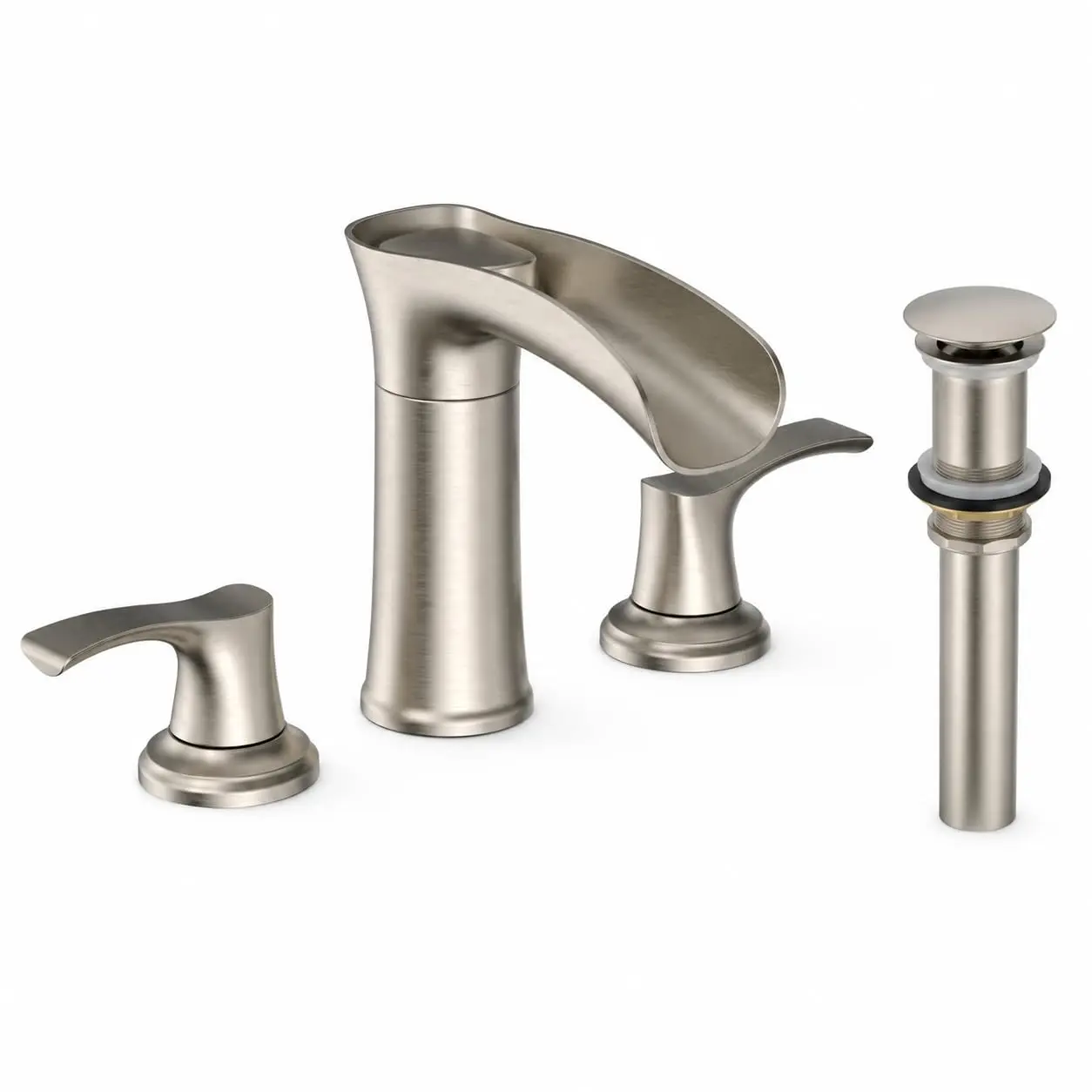 Modern Waterfall Bathroom Faucet with Pop Up Drain & Supply Lines, Matte Black 3 Hole Basin Sink Faucet with Deck Plate, Easy DIY Install Stainless Steel Vanity Faucet RV