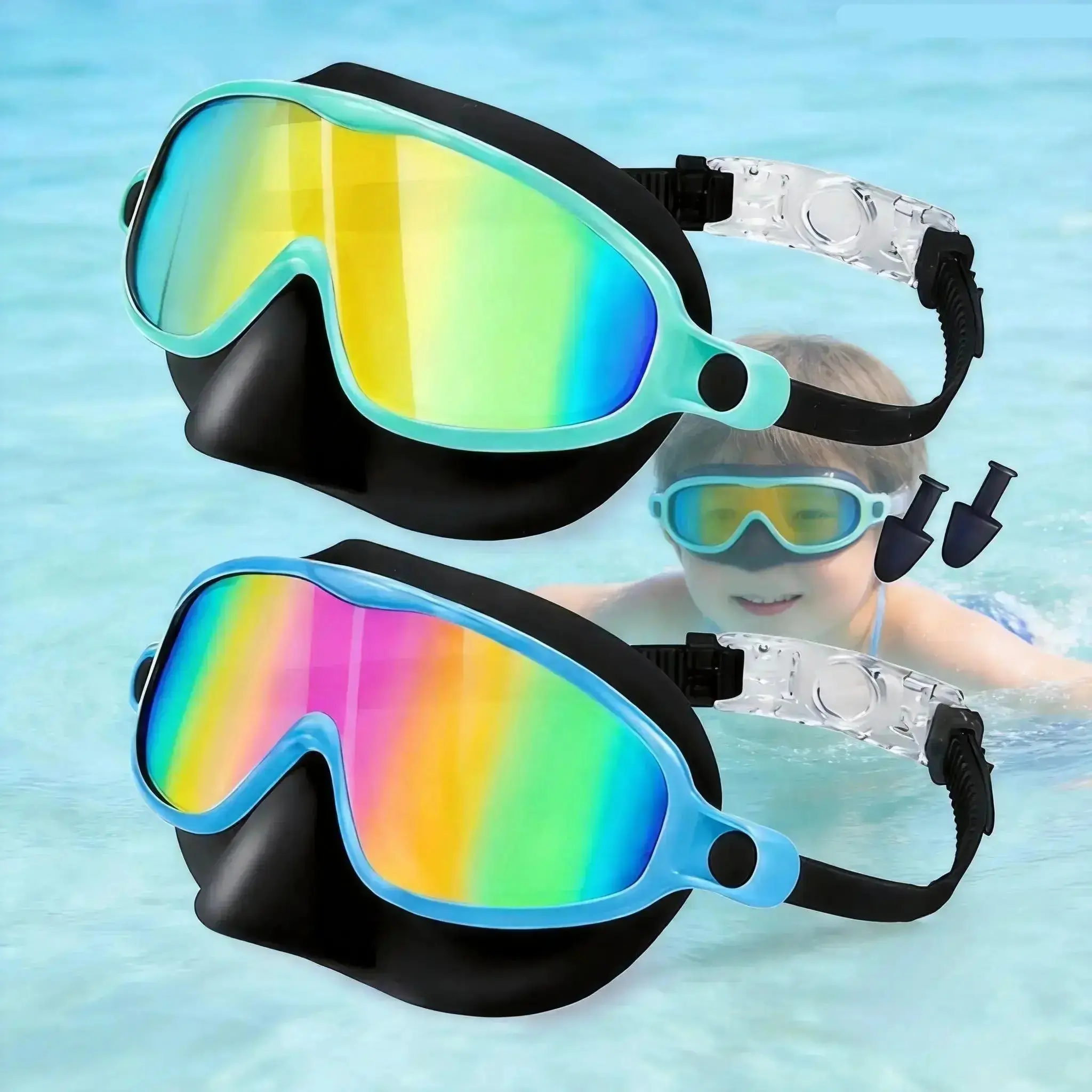 2-Pack Swim Goggles with Nose Cover - Rainbow Mirrored, Anti-Fog, UV Protection, Leakproof Silicone Seal, Comfortable Waterproof Kids Swim Goggles for Training & Outdoor Swimming Gear