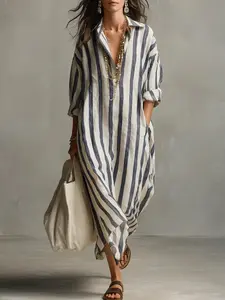 Fashion V Neck Long Sleeve Striped Dress, Loose Fit Shoulder Drop Seven-Quarter Sleeves Side Pockets Vacation Style Long Shirt Dress