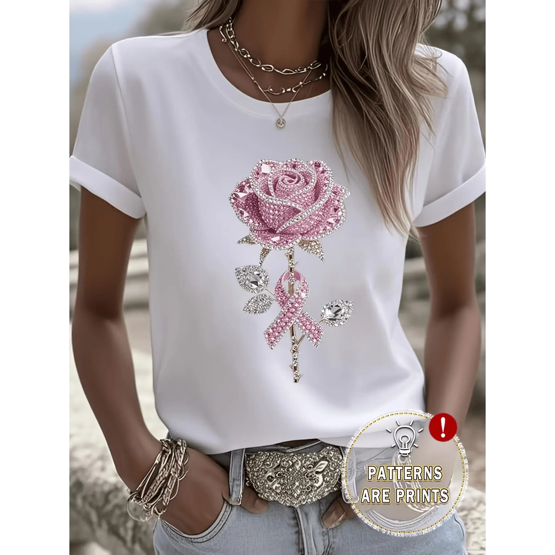Women's Chic Rose Print T-Shirt, Casual Shortsleeve Round Neck Loose Fit Top in Polyester Knit Fabric for Summer Daily Wear