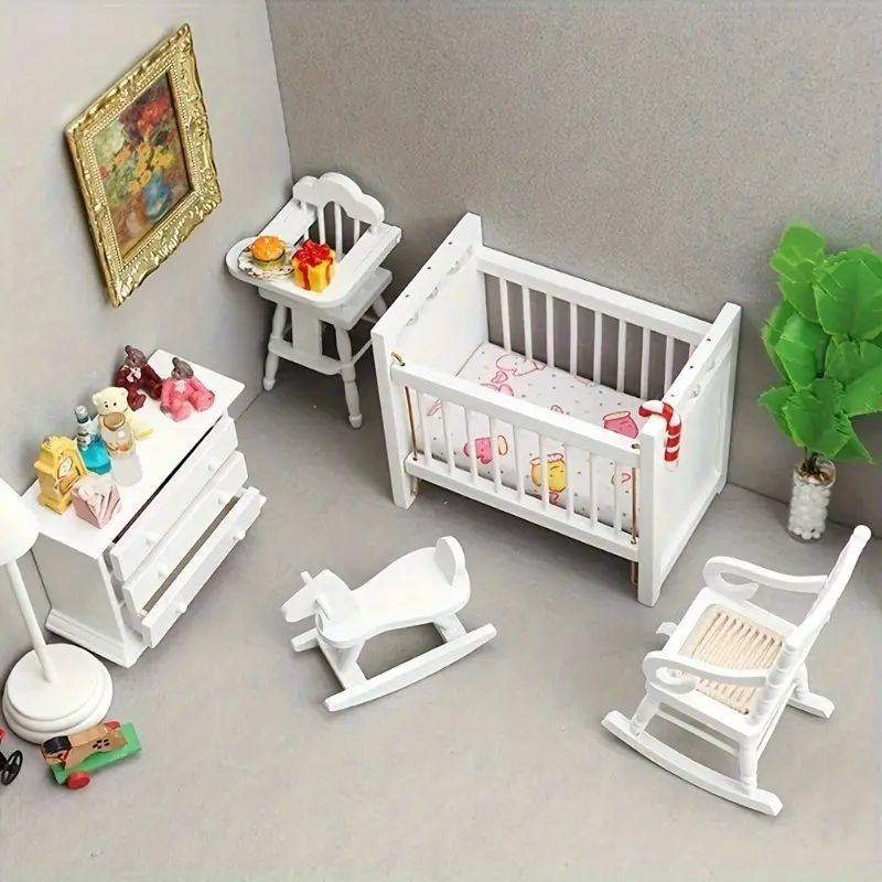 1:12 Mini White Wooden Bed Rocking Horse Chair Cabinet Dollhouse Furniture Set Perfect Gift for Home Decor Christmas Easter New Year
