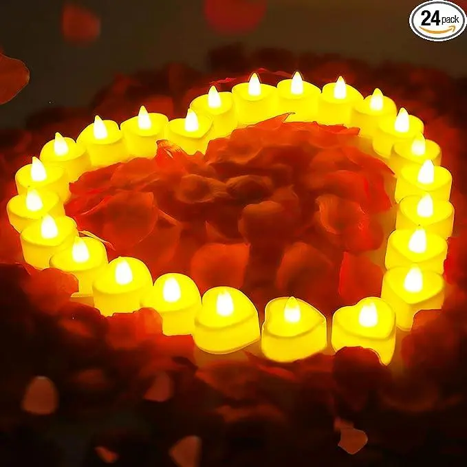 2000PCS Artificial Silk Rose Petals & 24 LED Tea Lights Decoration Set - 520/Love Letter Shapes, Proposal Valentines Day Birthday Decor, Artificial Rose Arrangement Decorative Lights for Romantic Gifting, Candles