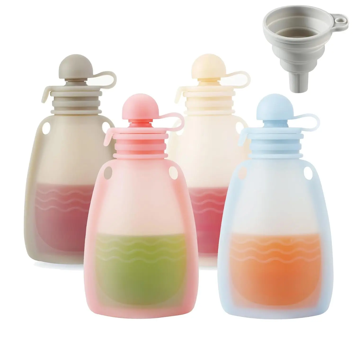 BPA-Free Reusable Silicone Toddler Food Pouch Set, 4-Pack 5 oz Refillable Squeeze Pouches for Baby Food Storage (No Harmful Materials)