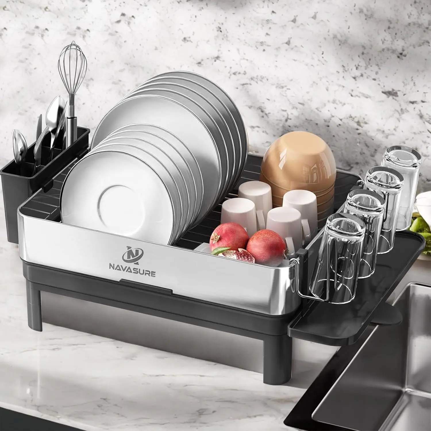 Dish Drying Rack | Stainless Steel Dish Rack for Kitchen Counter, Space Saving | Dish Drainer with Drainage & Utensil Holder | Escurridor de Platos para Fregadero (Black)