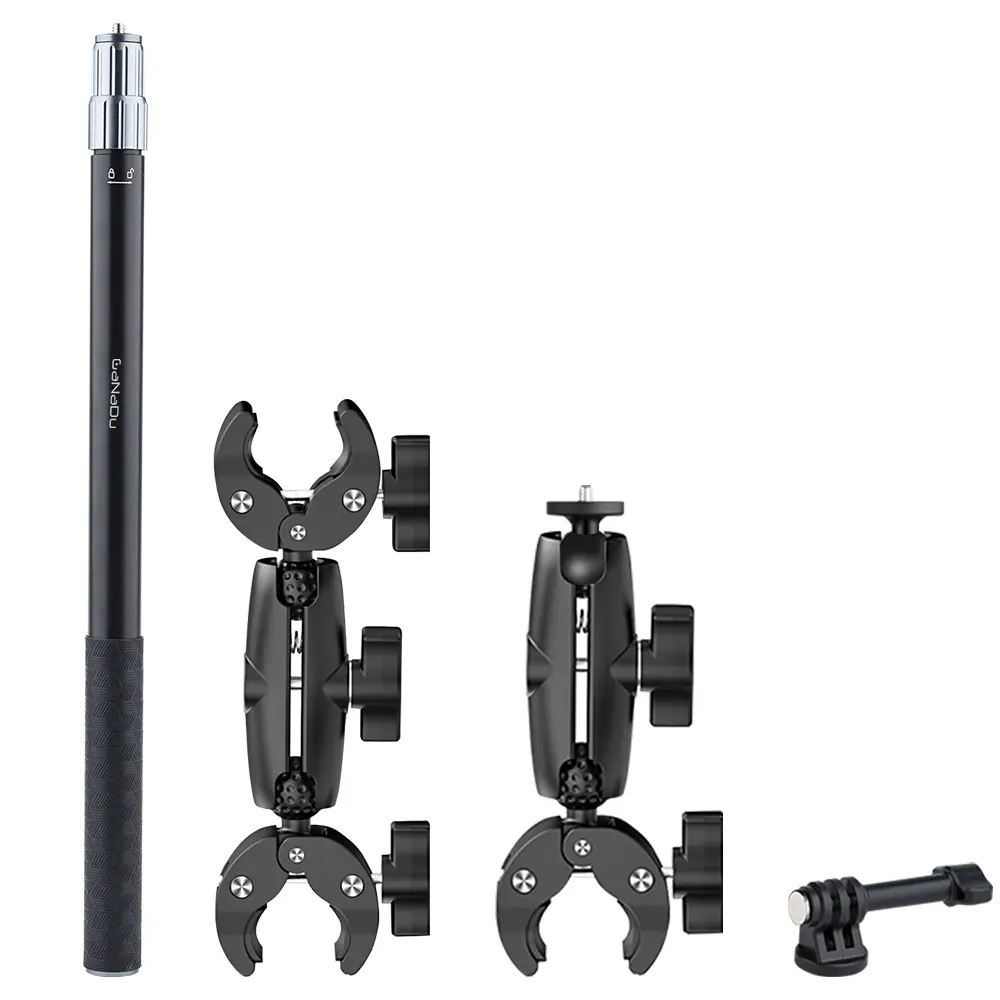 Aluminum Alloy 360 Camera Motorcycle Mount Kit - Anti-Rotation 360° Handlebar Clamp, 17-43" Telescopic Selfie Stick, Compatible with Most Action Cameras, Full Kit