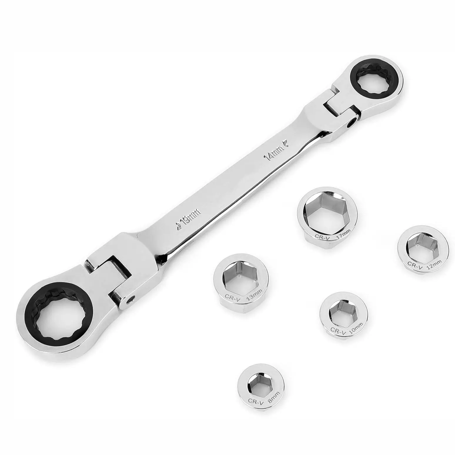 7-in-1 Dual Flex-Head Ratchet Wrench Set, Metric 8-19mm Go-Through Socket Insert Kit, 72-Tooth Precision Swivel Spanner Tool Combo with Storage Box for Automotive Engine Repair