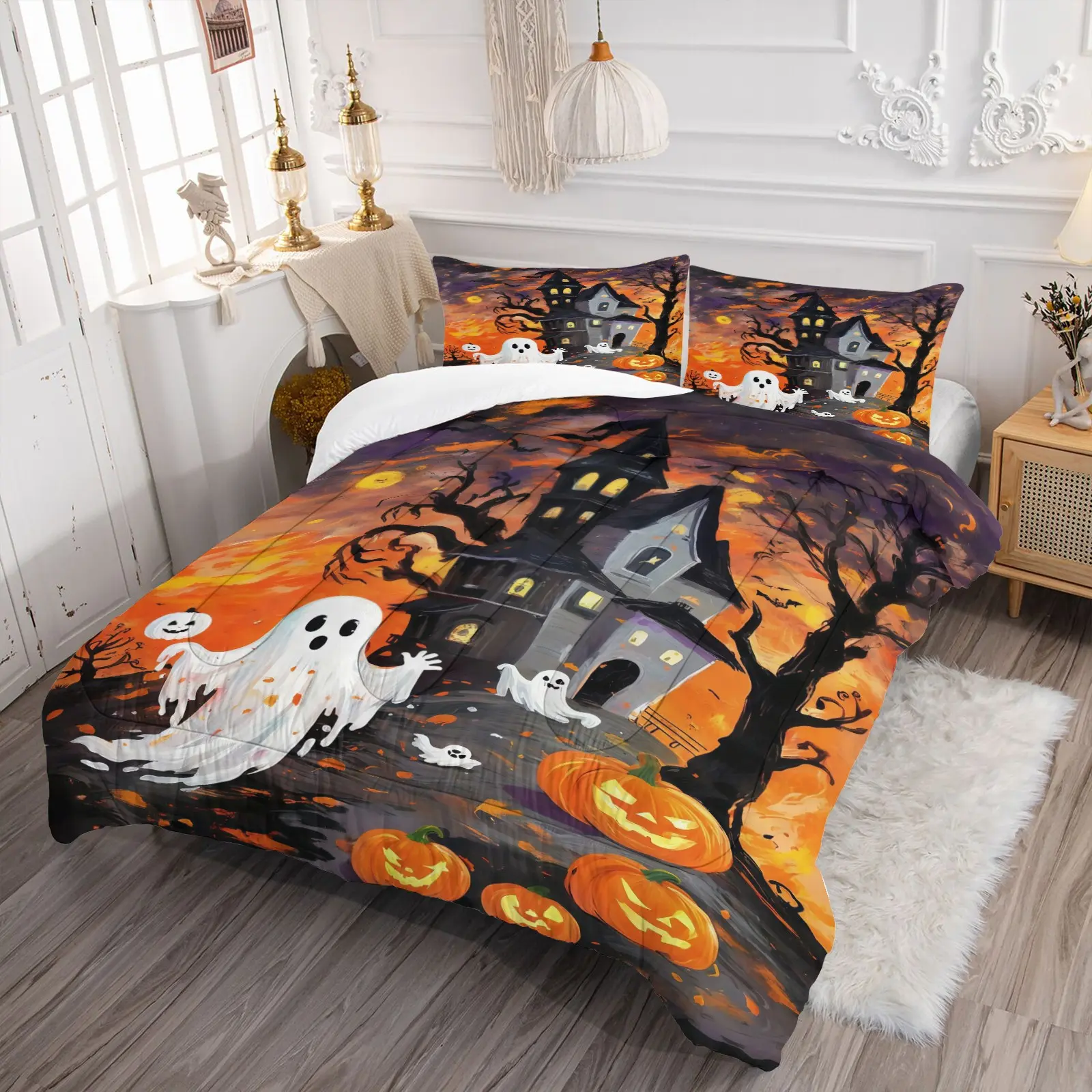 Halloween Themed Bedding Set with Ghost & Pumpkin Pattern, Soft Decor for Adult Bedrooms, Great Gift for Friends & Family, Ideal Housewarming & Holiday Present. Includes 1 Quilt and 1 or 2 Pillowcases, Pillow Inserts NOT INCLUDED