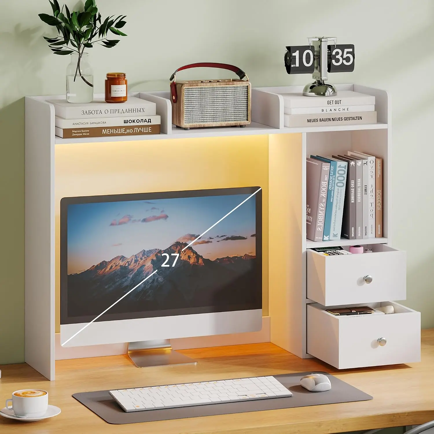 Desktop Bookshelf with LED Lights, 36.6" Dorm Desk Hutch with 4 Shelves and 2 Drawers, Fits 27" Monitor, Desk Organizer Shelf for Dorm Office Home, White