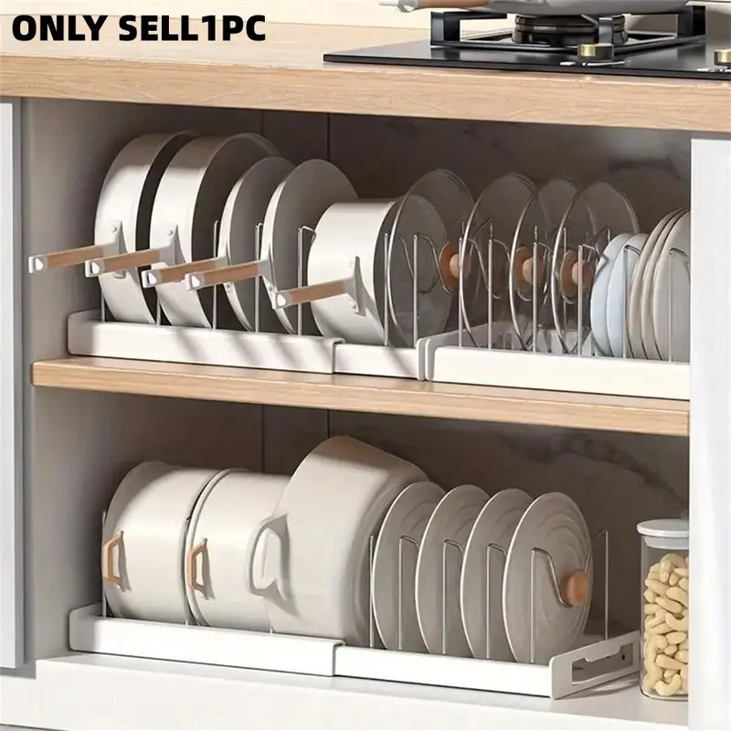 Expandable Kitchen Drawer Rack, Space-Saving Pull-Out Design, Adjustable Lid Holder, Efficient Storage for Utensils on Countertop and Cabinets, Cabinet Organizers and Storage