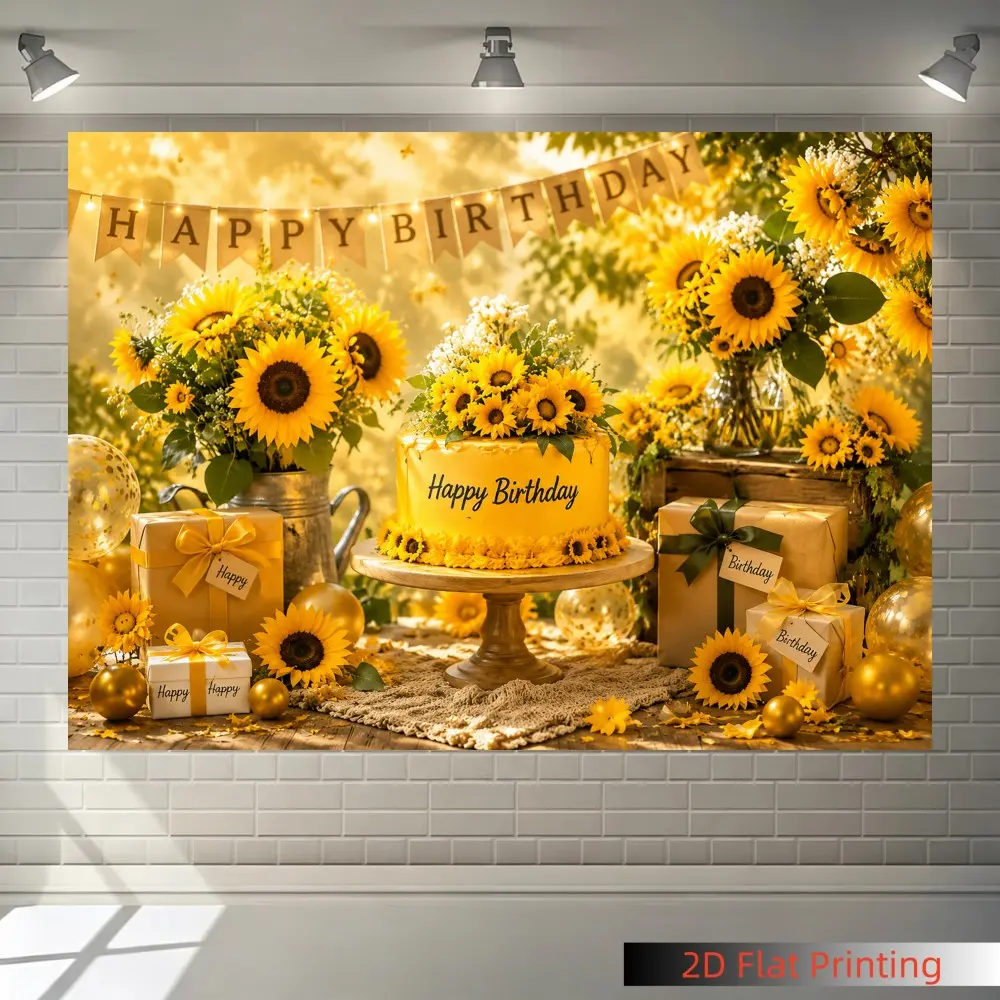 2D flat 1PC, sunflower theme floral backdrop background cloth, bright golden flower and birthday cake print, suitable for festival party decoration, photography background, home atmosphere decoration, polyester material, multiple sizes available