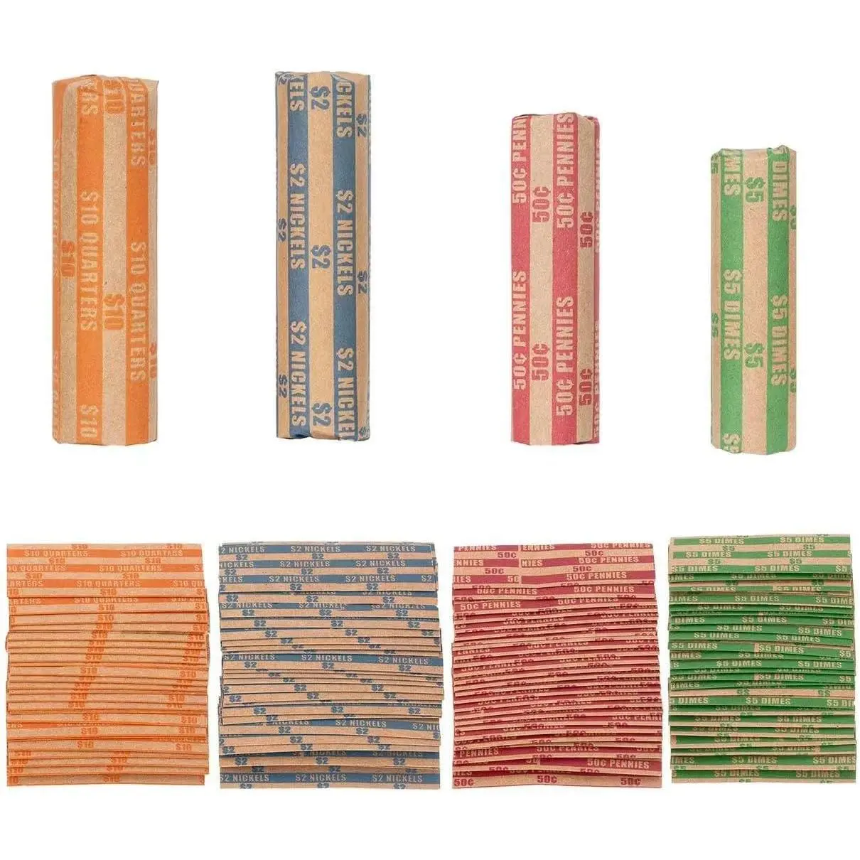 Coin Wrappers Assorted 110 PCS Flat Coin Rolls Wrappers for All Coins Including 30 Quarter Wrappers, 30 Penny Wrappers, 25 Dime Wrappers, 25 Nickel Wrappers