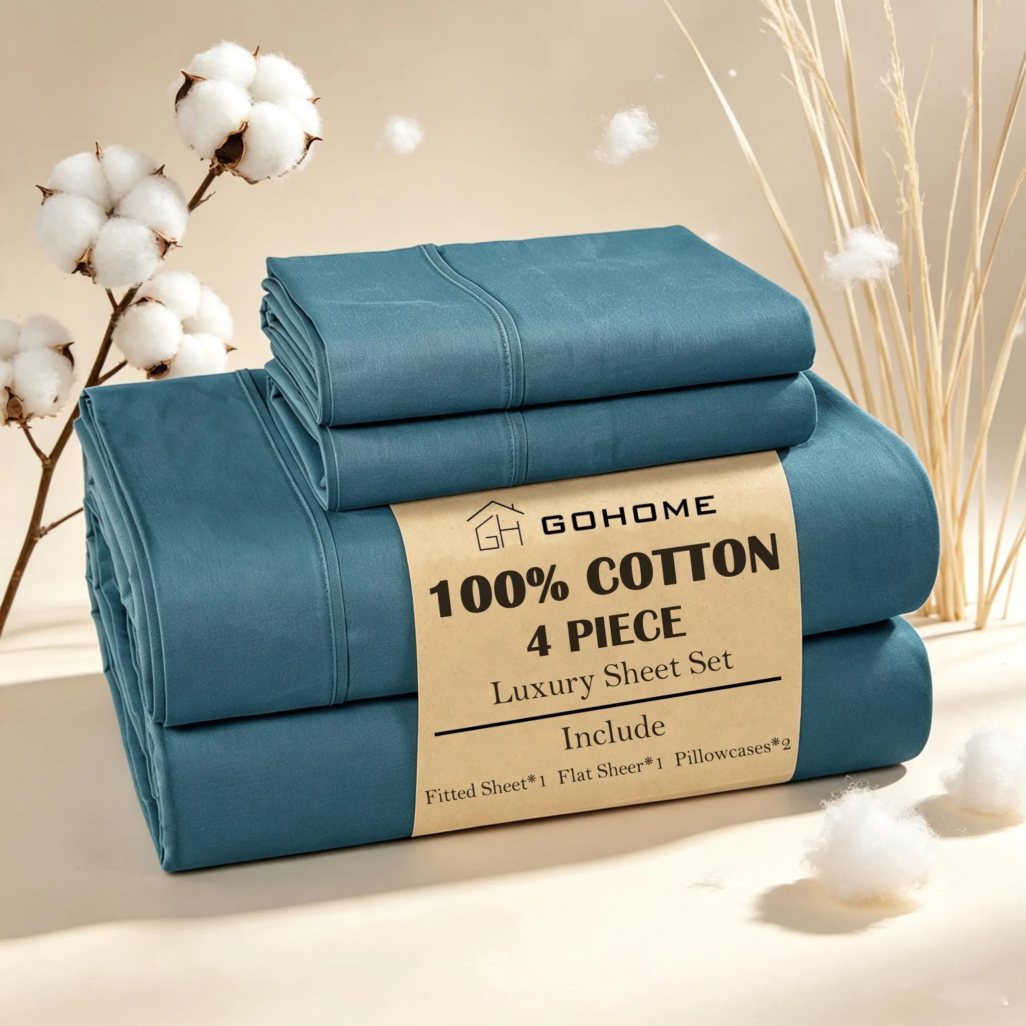 GOHOME Extra Deep Pocket Cotton Sheets, 3/4 PCS Ultra-Soft Luxury Feel - Ultra Breathable Sheets, Hotel Luxury Fitted Sheet Set, Soft Wrinkle-Free For Extra Deep Mattresses, Soft Children Sheet & Pillowcase Sets, King Size, Include Random Color