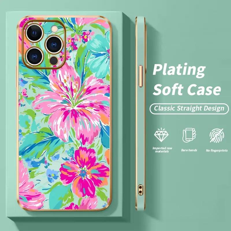 Electroplating Phone Case Floral Color Symphony Patterned Classic Square Design Non Slip TPU Soft Shell Cellphone Protective Casing for iPhone 17 Pro Max Air 16 15 14 Plus 13 12