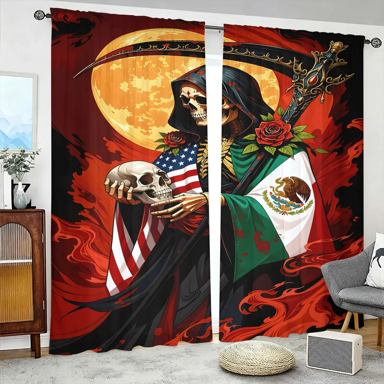 2 Piece Chicano Grim Reaper Skull Rose Print Curtains, Home Decorative Curtain, Curtain For Windows, Digital Print Thin Privacy Window Covering, Pocket Rod Installation, Polyester Material, Window Drapes