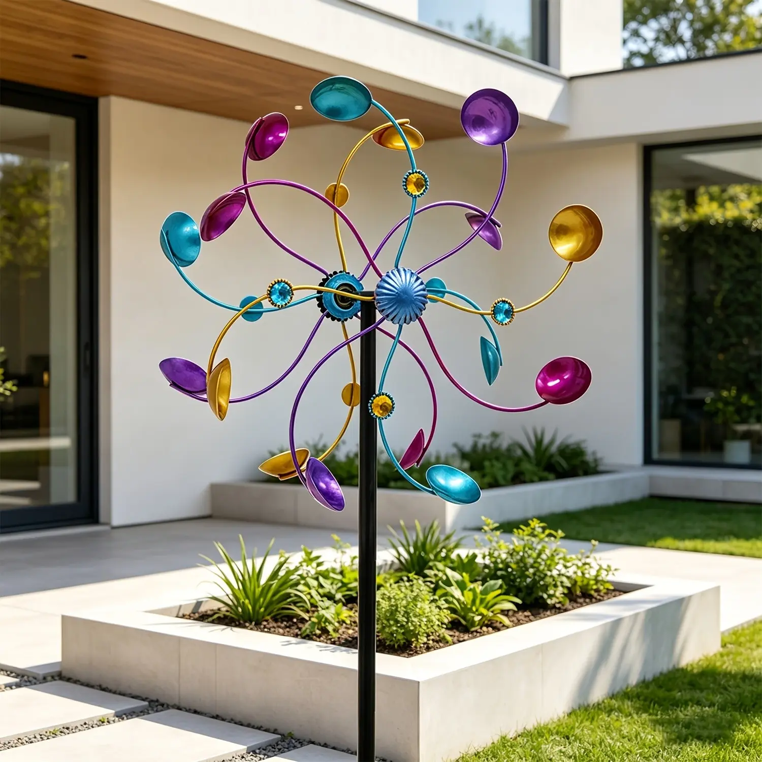 Multicolor Metal Garden Windmill, Dual-Sided Rotating Kinetic Windmill with Shiny Gem Decor, 360 Rotation Sculpture for Patio, Lawn, Backyard Decoration, Outdoor Garden Accessory