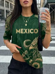 Men Mexico Aztec Eagle Snake Graphic Soccer Jersey, Vintage Tribal Print Football Short Sleeve T-shirt, National Team Inspired Sports Top 4 Colors Available