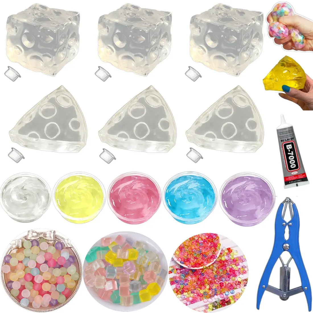 DIY skin squishy crafting kit, Squishy Fidget Ball, including 3 packs of fillers, 6 cheese transparent blank skins, 5 boxes of slime with 15ml glue and expansion tools, kneadable pressure ball crafting kit, suitable for stress-relieving soft balls