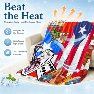 Puerto Rico Flag Culture Cooling Blanket, Arc-Chill Icy Touch for Hot Sleepers, Lightweight Breathable Summer Cover, Multi-Purpose Sofa Bed Cover, Vibrant Coqui Frog Domino Print for Bed Couch Travel, Perfect Summer Gift