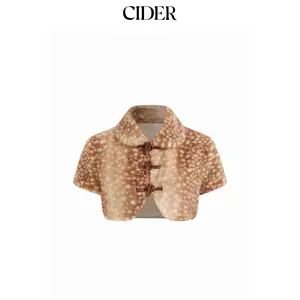 Cider Faux Shearling Collar Deer Print Toggle Button Short Sleeve Jacket SummerFinds