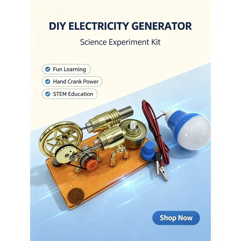 Stirling Engine Generator Science Experiment Kit for Physics Education Visual Energy Conversion Demonstration Home Decoration Toy with Random Bulb Color Office Display