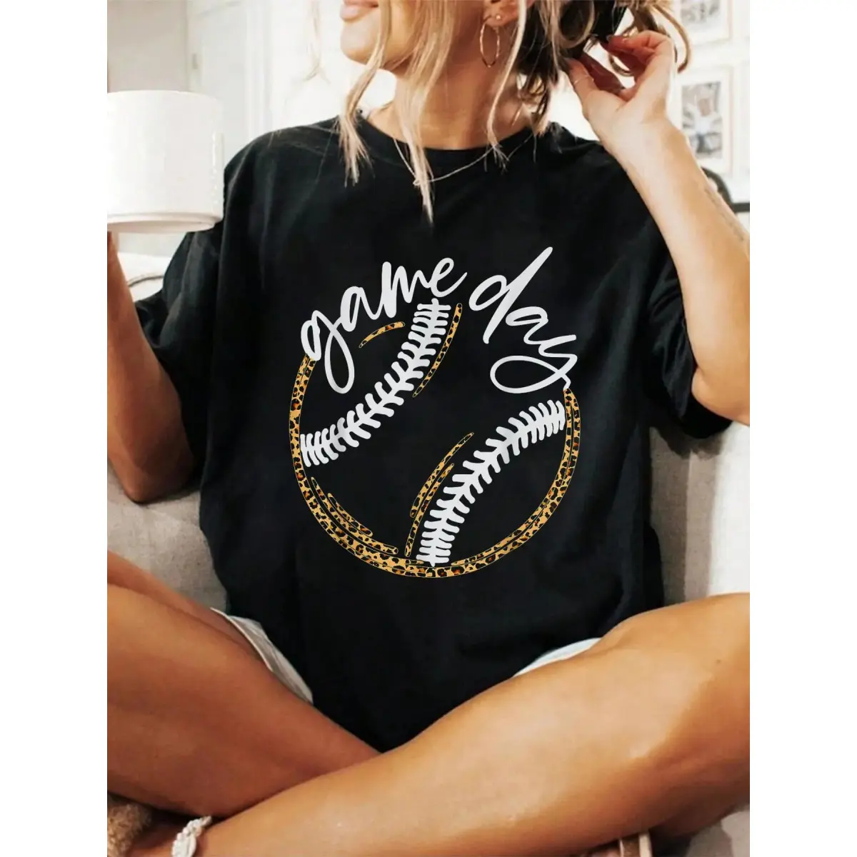 Women's Game Day T-Shirt, Casual Loose Fit Cotton Baseball Mom Tee - Super Soft Short-Sleeve Top for Spring, Summer & Jackets, Style, Shortsleeve, Tshirt, All Seasons, Round Neck, Watch Party, Casual Trendy Tee, Short Sleeves, Loose-Fitting, Do Not Bleach