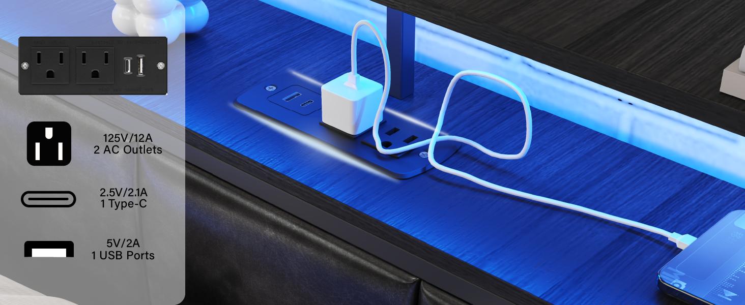 Full Size Bed Frame with Charging Station and LED Lights, Black Upholstered Headboard with 2-Tier Storage Shelves, Metal Bed Frame with Headboard, No Box Spring Needed, Easy Assembly,Black