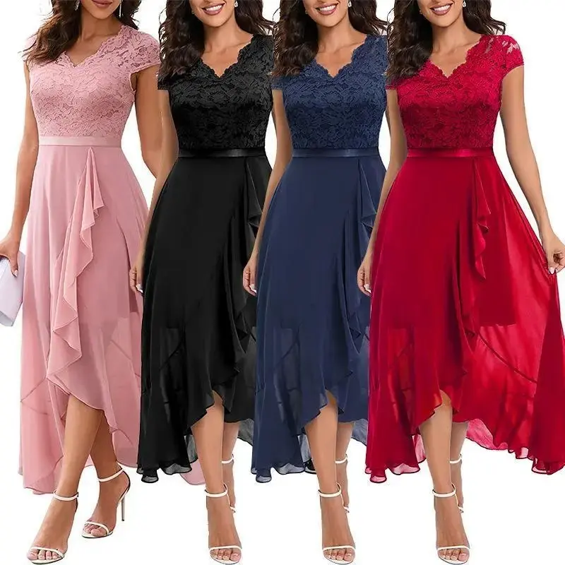 2025 Elegant V-neck Floral Lace Women's Bridesmaid Dress, Short Sleeves, Ruffle Hem, Perfect for Formal Evenings, Weddings, Parties Womenswear Comfort