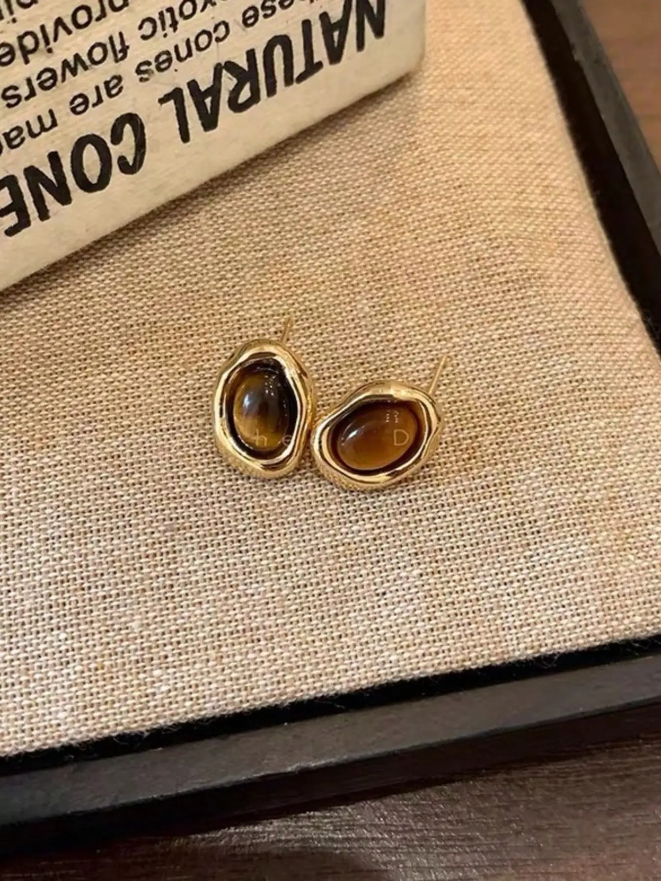 Vintage Amber Stone Geometric Earrings, Asymmetric Hammered Metal Ear Cuffs, Elegant Lightweight Luxury, Perfect for Daily Wear
