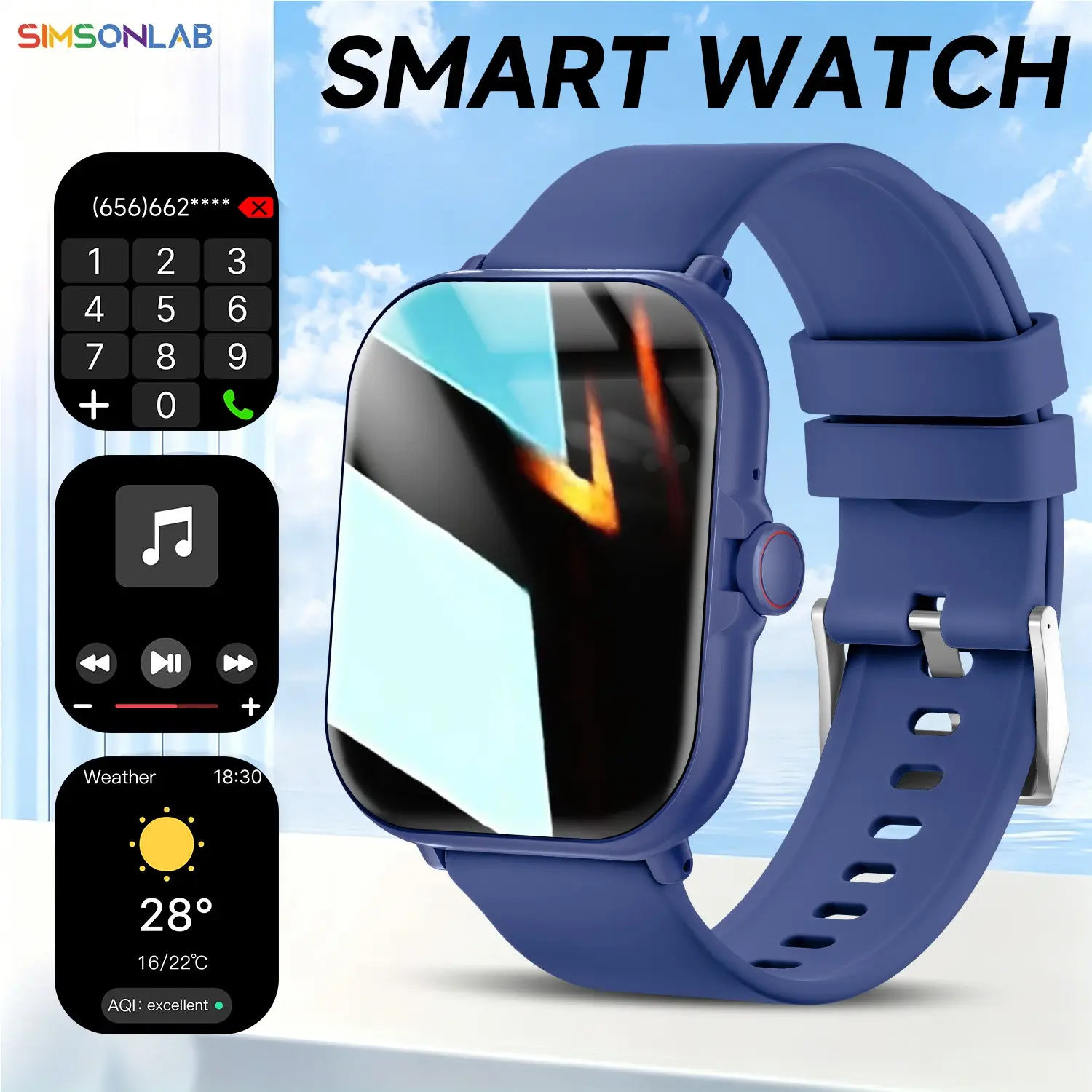 SIMSONLAB 1.83-inch high-definition large screen smartwatch, multiple sports modes, voice broadcast, wireless calling, message reminder, audible music, multiple stylish dial designs, practical battery life, iOS&Android models, fashionable gifts