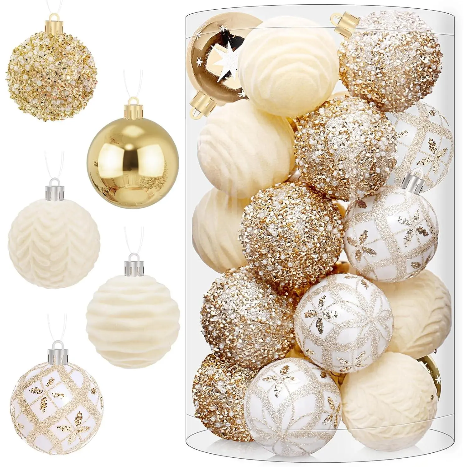 25 count Christmas Ball Ornaments for Xmas Christmas Tree, Shatterproof  Ball for Party Outdoor Decorations, DIY Craft Creations and Office Celebrations (Champagne White, 2.36")